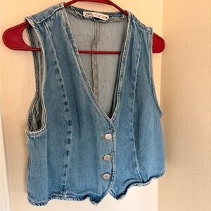 Zara Women’s XL Blue Cropped Denim Sleeveless Vest